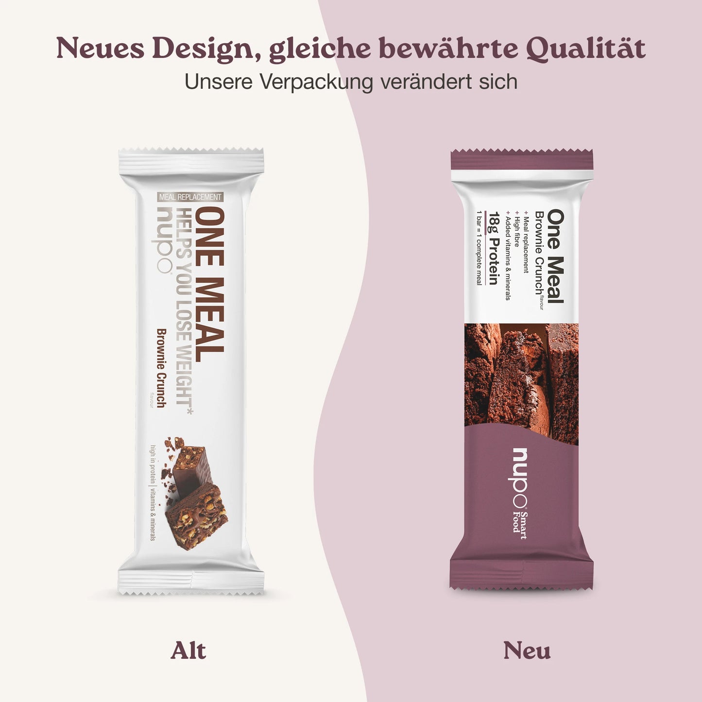 Nupo One Meal Bar Brownie Crunch neues und altes Design Verpackung