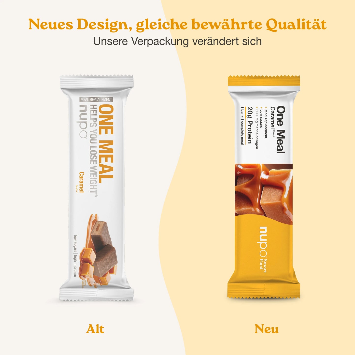 Nupo One Meal Bar Caramel neues und altes Design Verpackung