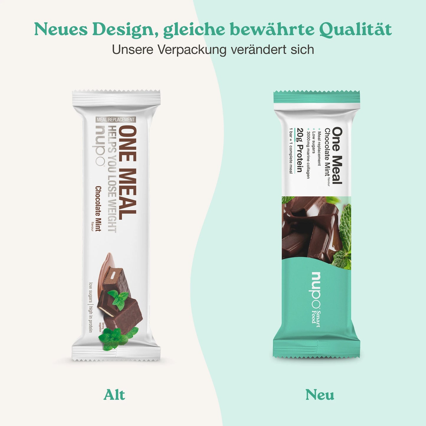 Nupo One Meal Bar Chocolate Mint neues und altes Design Verpackung