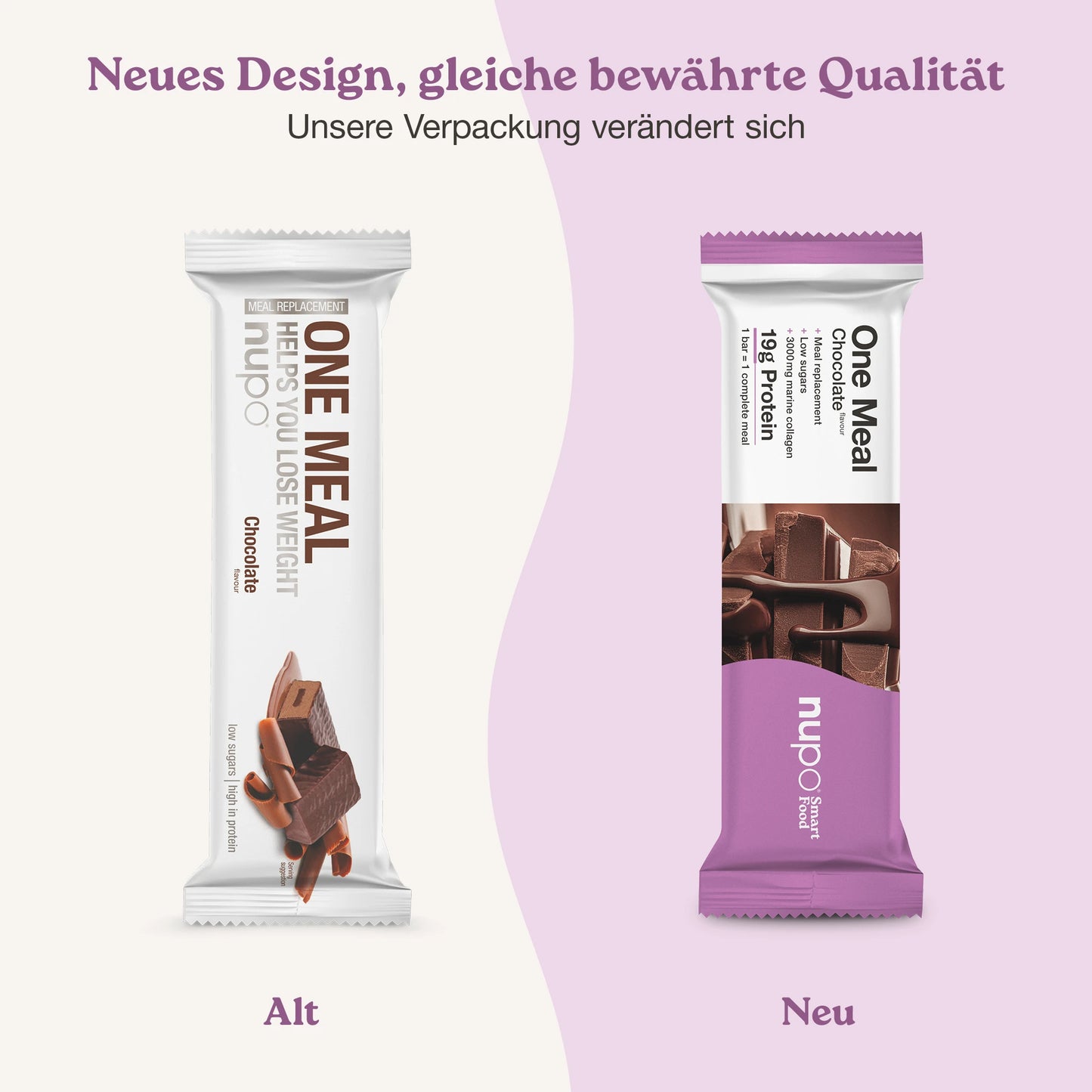 Nupo One Meal Bar Chocolate neues und altes Design Verpackung