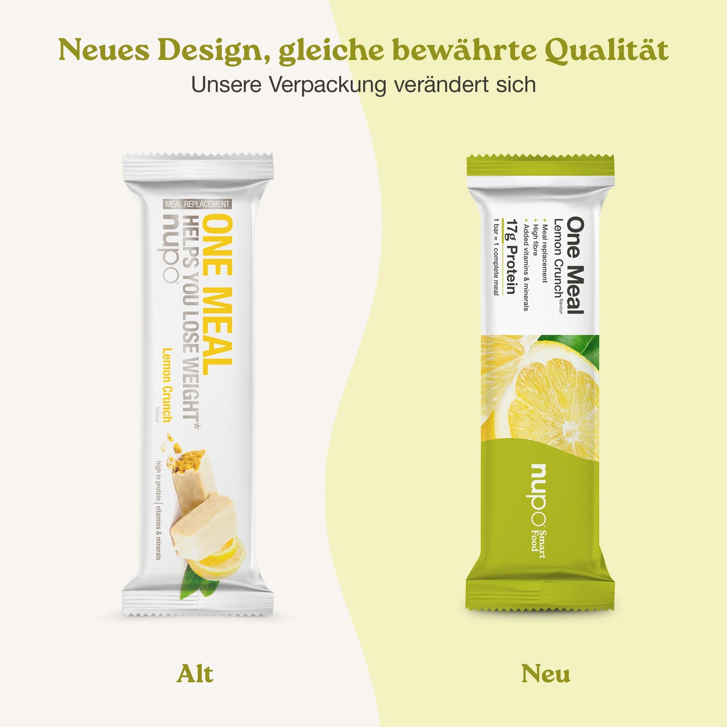 Nupo One Meal Bar Lemon Crunch neues und altes Design Verpackung