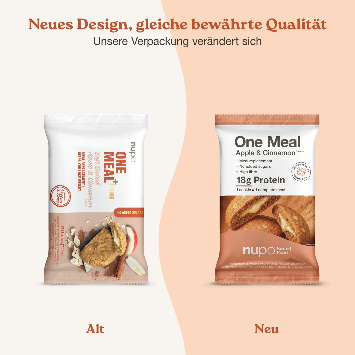 Nupo One Meal Bar Apple & Cinnamon neues und altes Design Verpackung
