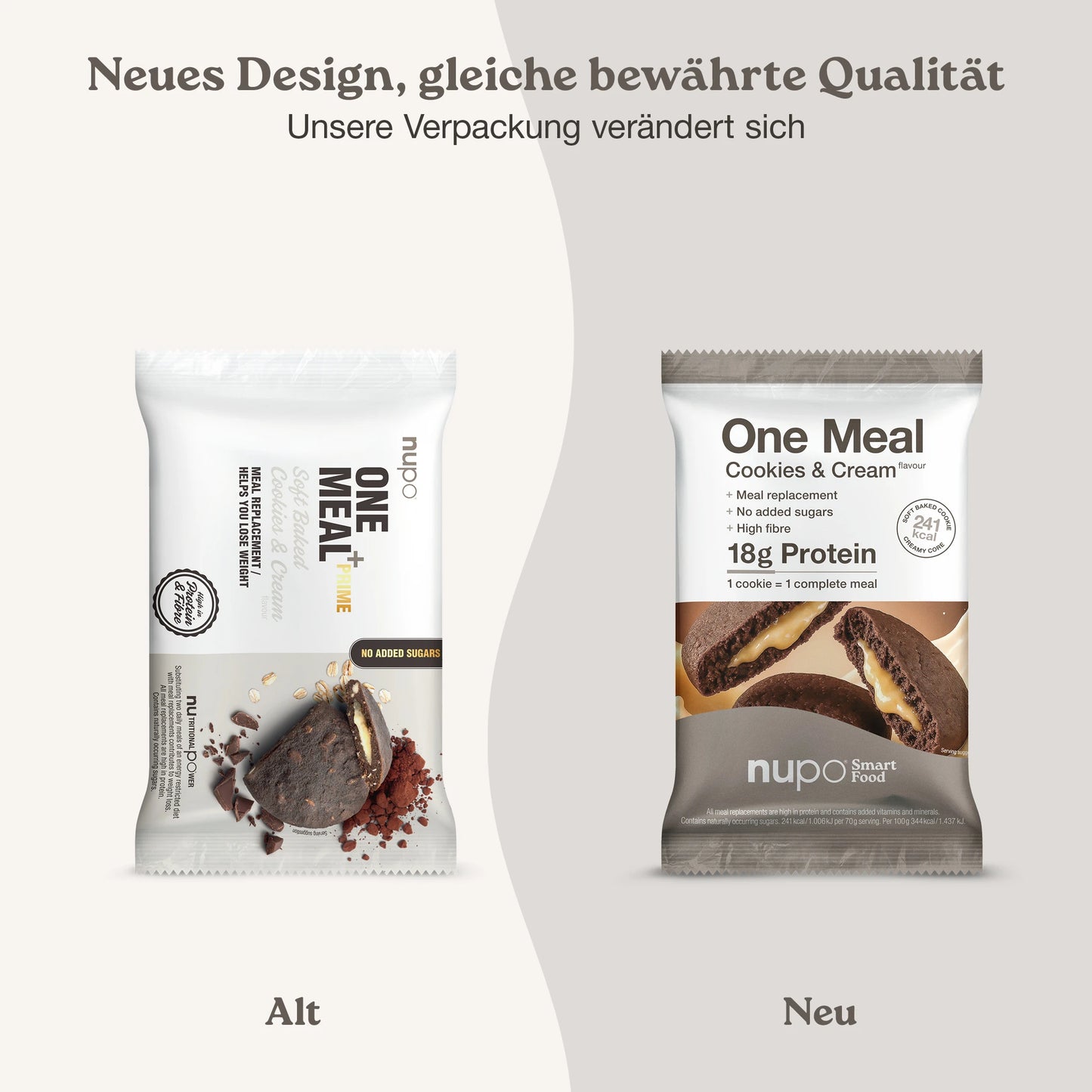 Nupo One Meal Bar Cookies & Cream neues und altes Design Verpackung