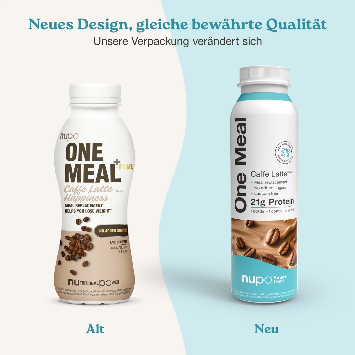Nupo One Meal RTD Caffe Latte Shake und Verpackung Display