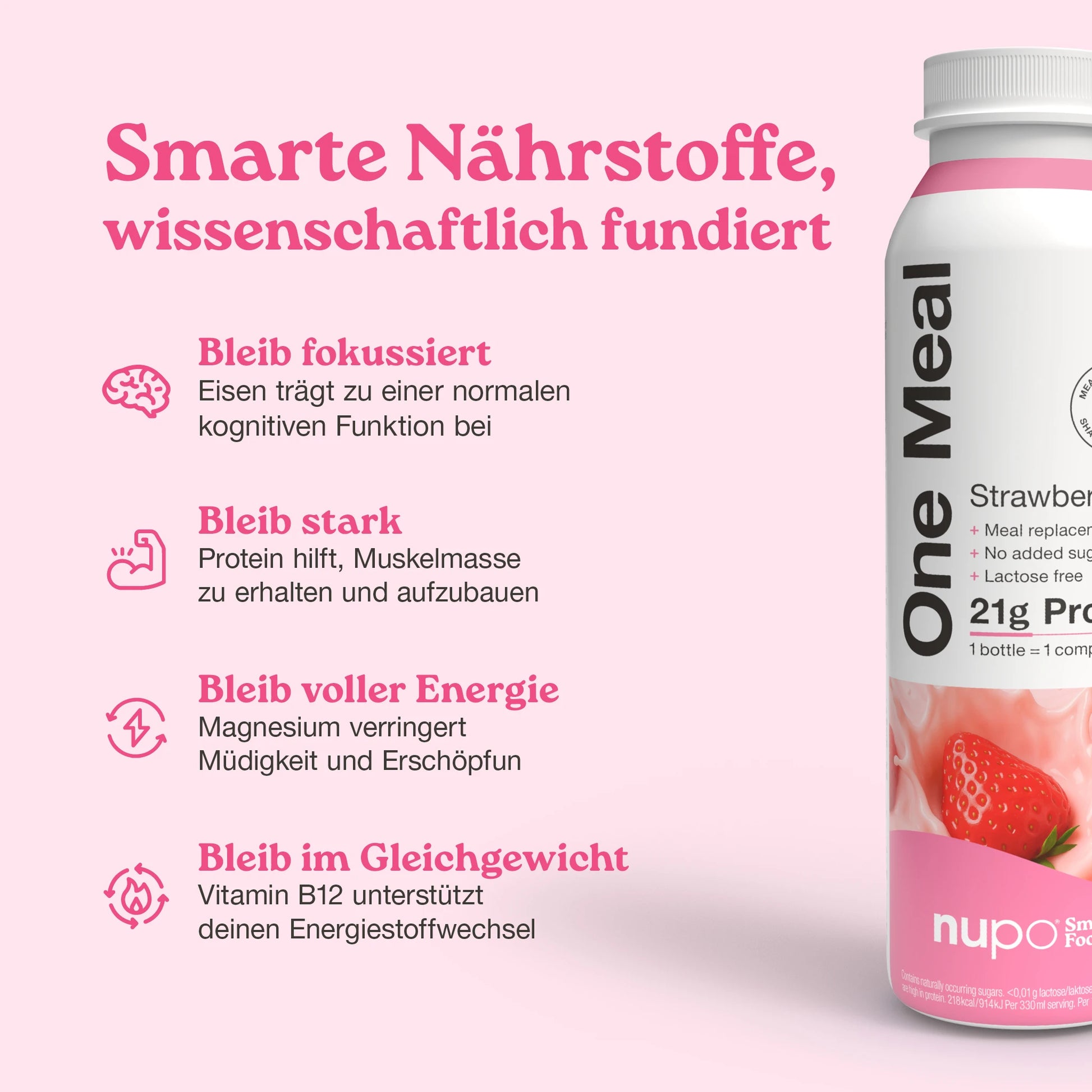 Nupo One Meal RTD Strawberry Shake wird ins Glas gegossen