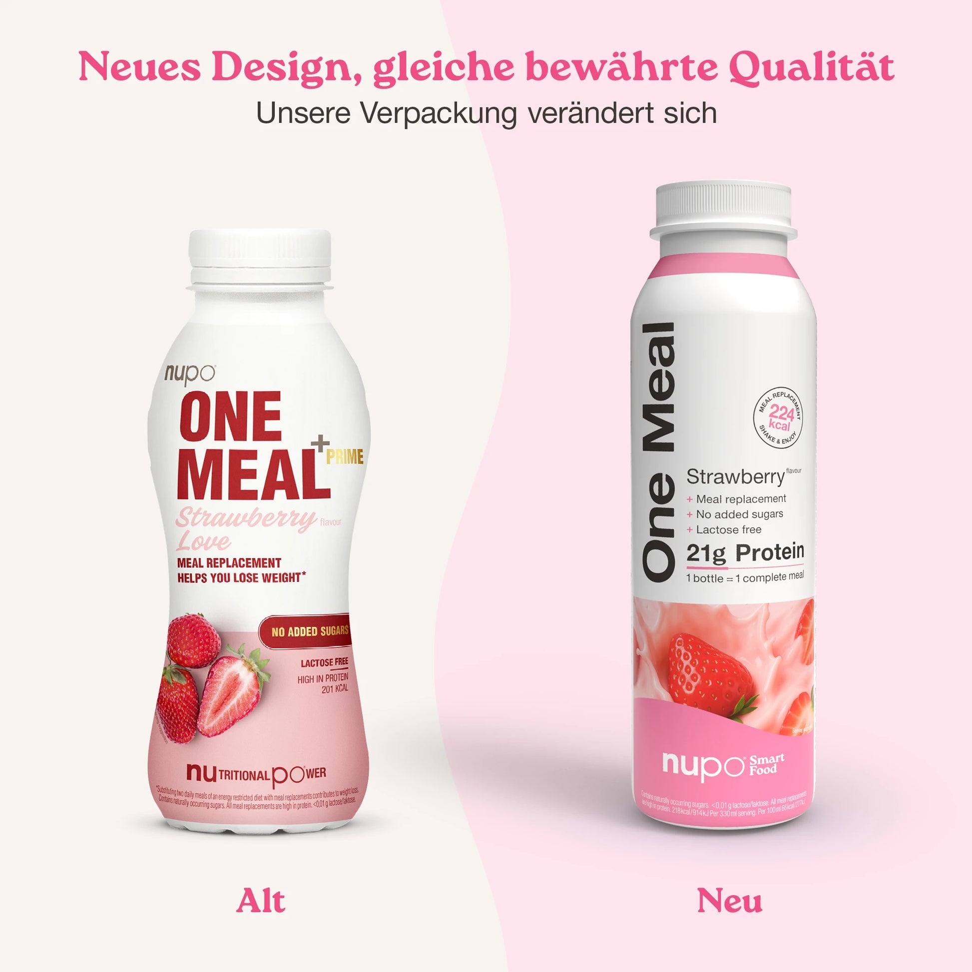 Nupo One Meal RTD Strawberry Shake und Verpackung Display