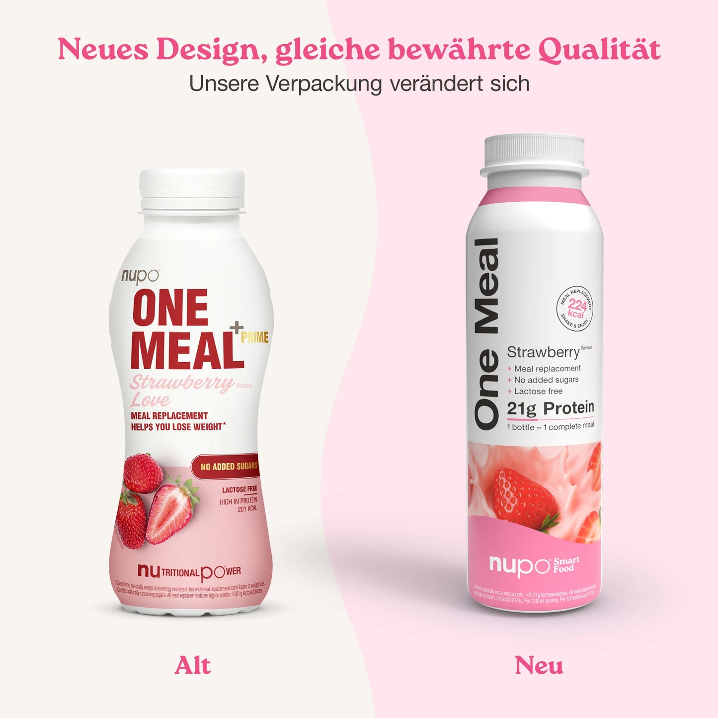 Nupo One Meal RTD Strawberry Shake und Verpackung Display