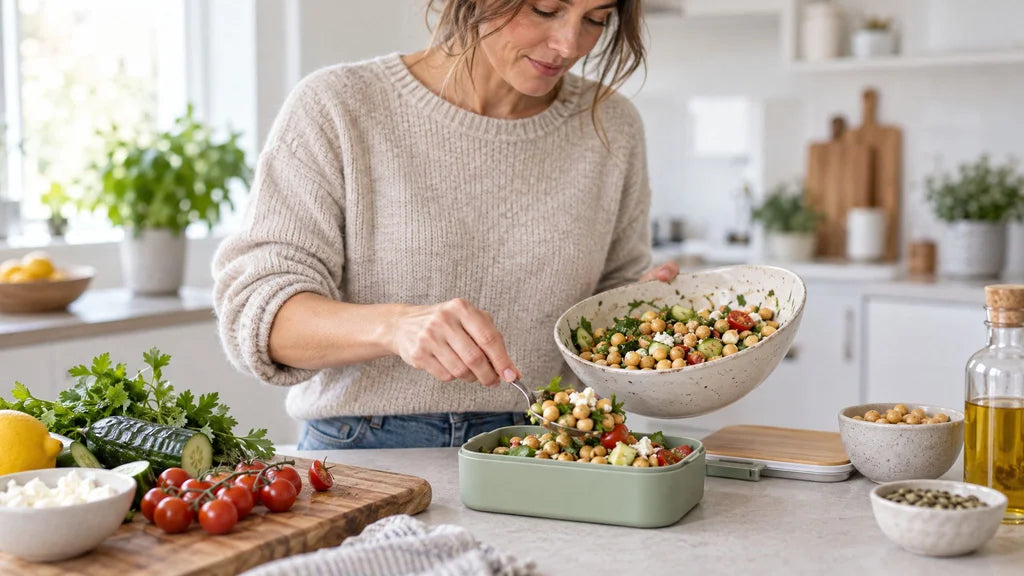 Frau packt in einer hellen Küche eine Lunchbox mit Kichererbsensalat (KI-generiertes Bild)