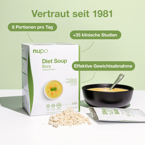Verpackung der Bors Diät-Suppe mit Schüssel, die effektive Gewichtsabnahme fördert, seit 1981 bewährt.