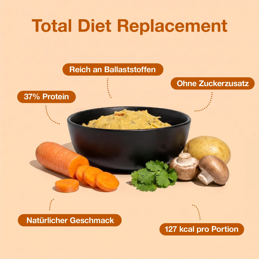 Spiced Mash in a black bowl surrounded by fresh vegetables and nutrition highlights, perfect for Total Diet Replacement.