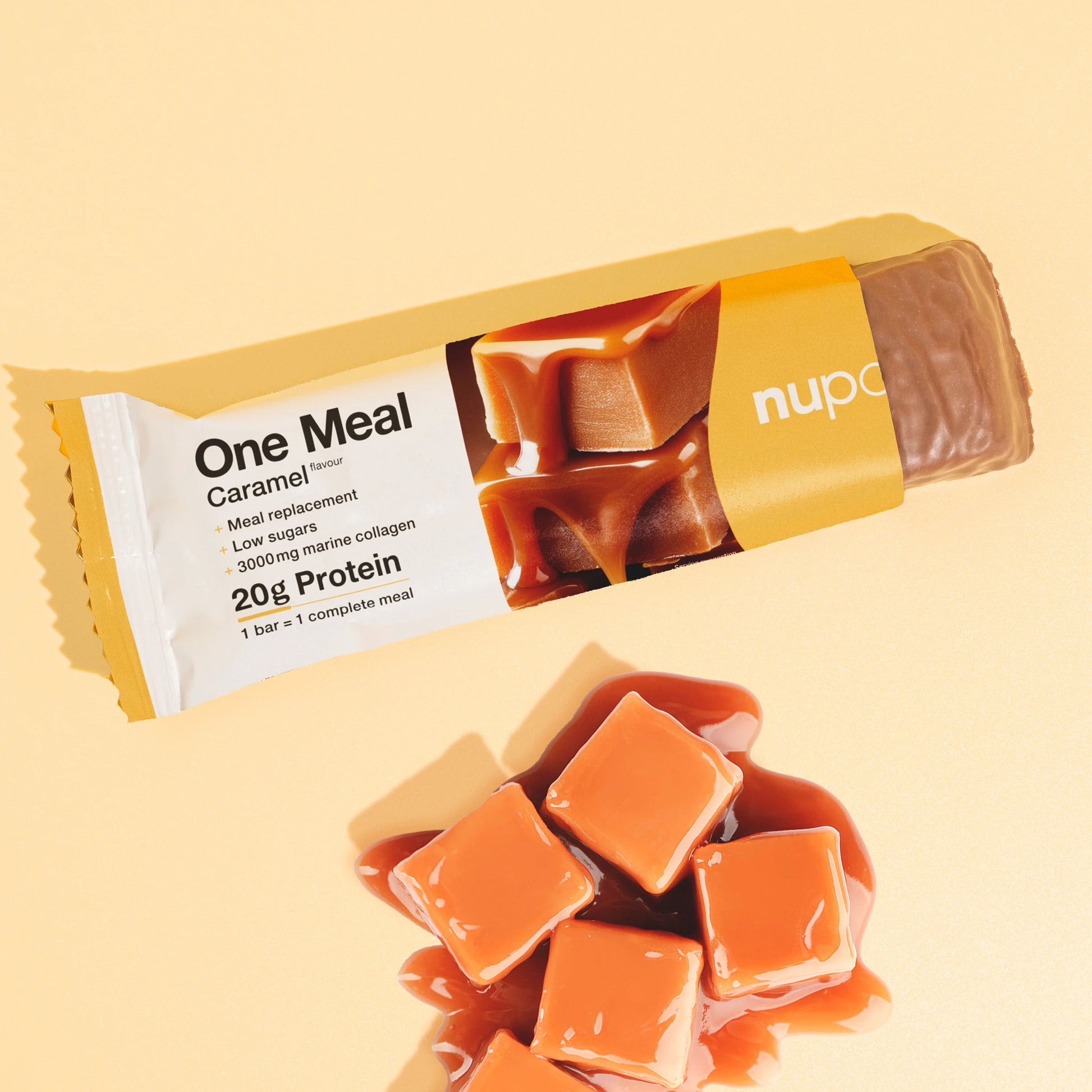 Nupo One Meal Bar Caramel gebrochener Riegel Nahaufnahme