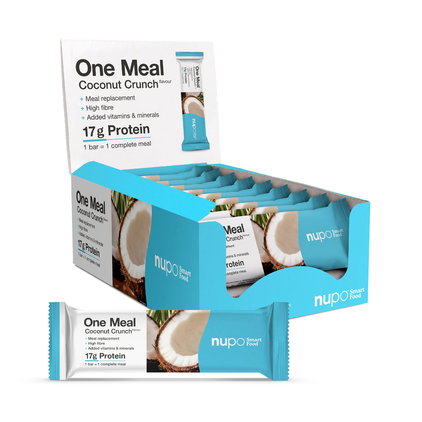 One Meal Coconut Crunch Riegel in Verpackung mit Kokosnuss-Design, ideal als Mahlzeitenersatz.