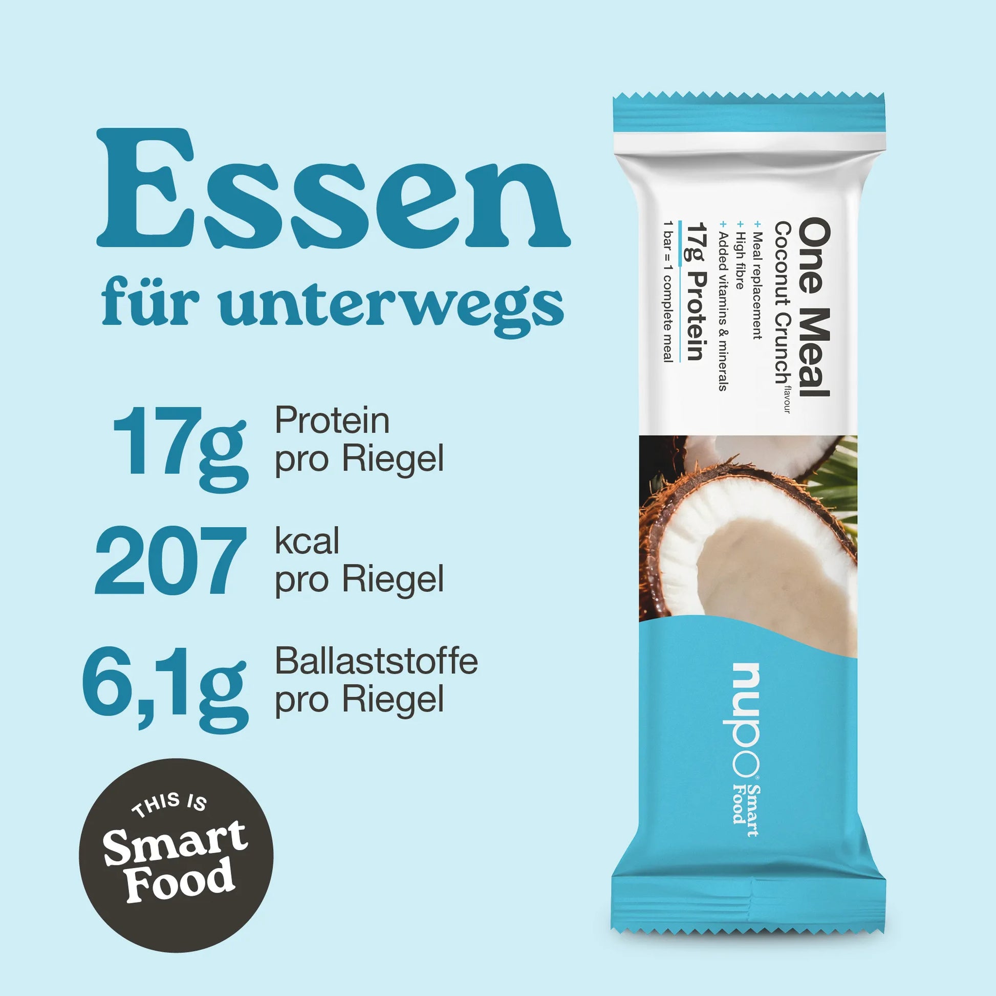 Coconut Crunch – One Meal Riegel mit 17g Protein, 207 kcal und 6,1g Ballaststoffen für unterwegs.