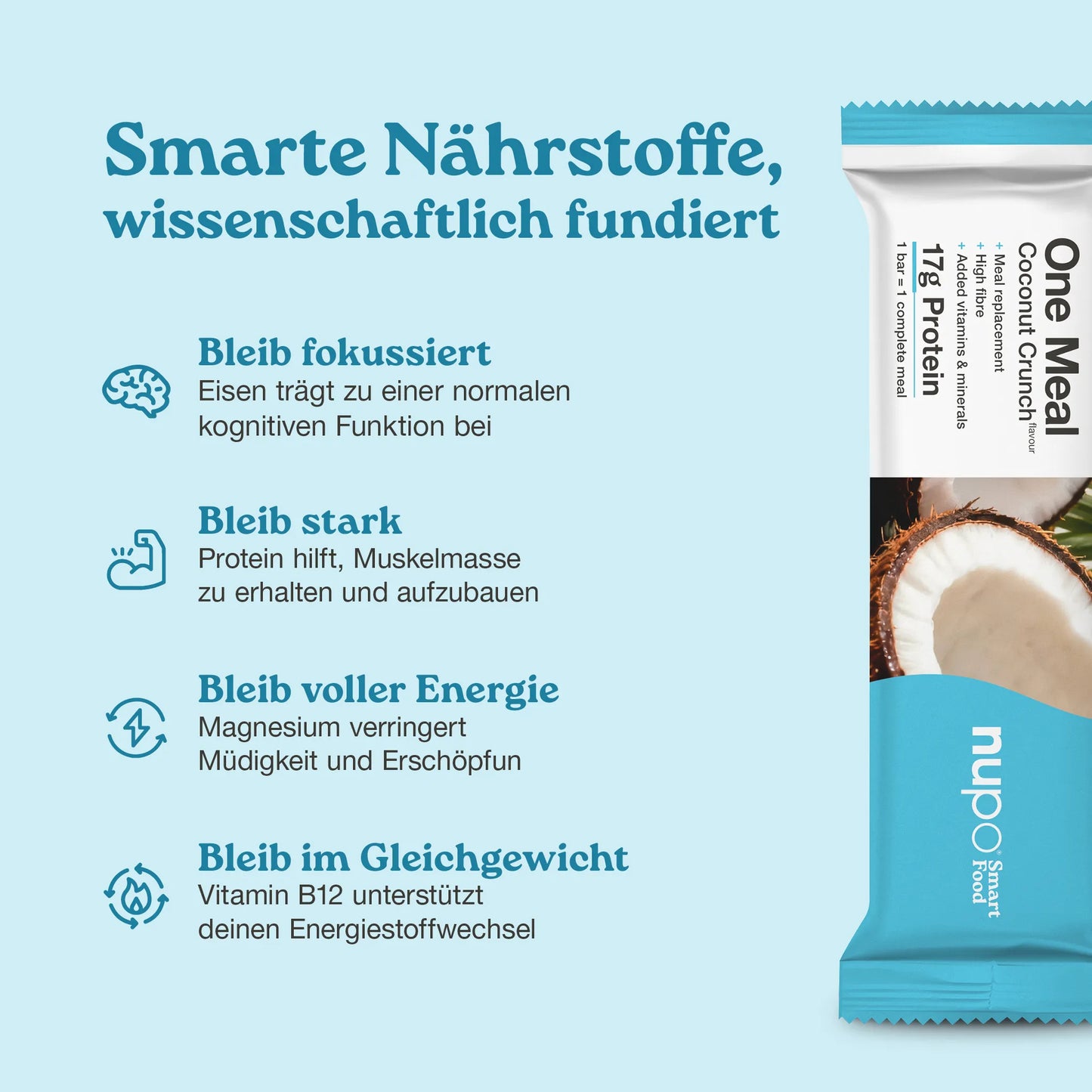 Coconut Crunch Riegel mit One Meal, 17g Protein, smarte Nährstoffe, Gewichtskontrolle und Energie.