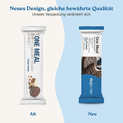 Nupo One Meal Bar Cookie Crunch neues und altes Verpackungsdesign – gleicher Geschmack im neuen Look