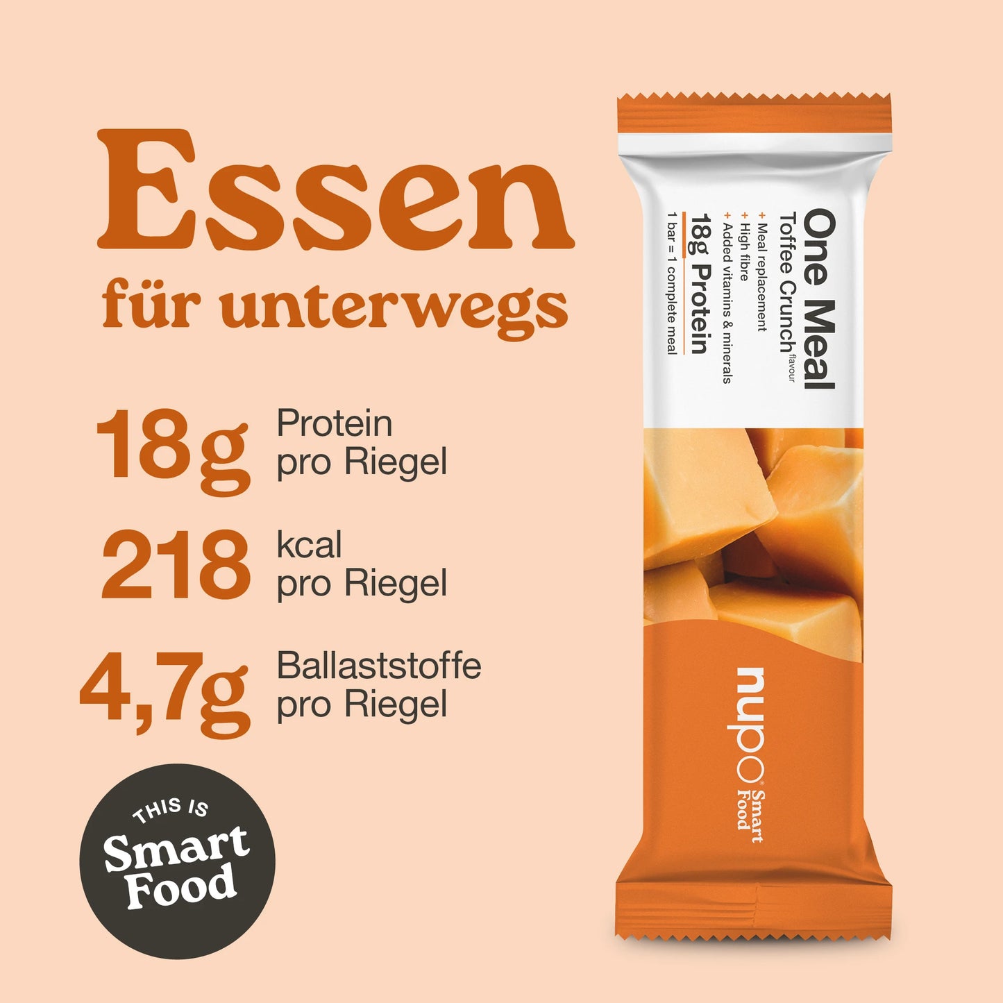 Nupo One Meal Bar Toffee Crunch Nährwertangaben – 20 g Protein, wenig Zucker, mit Vitaminen und Mineralstoffen