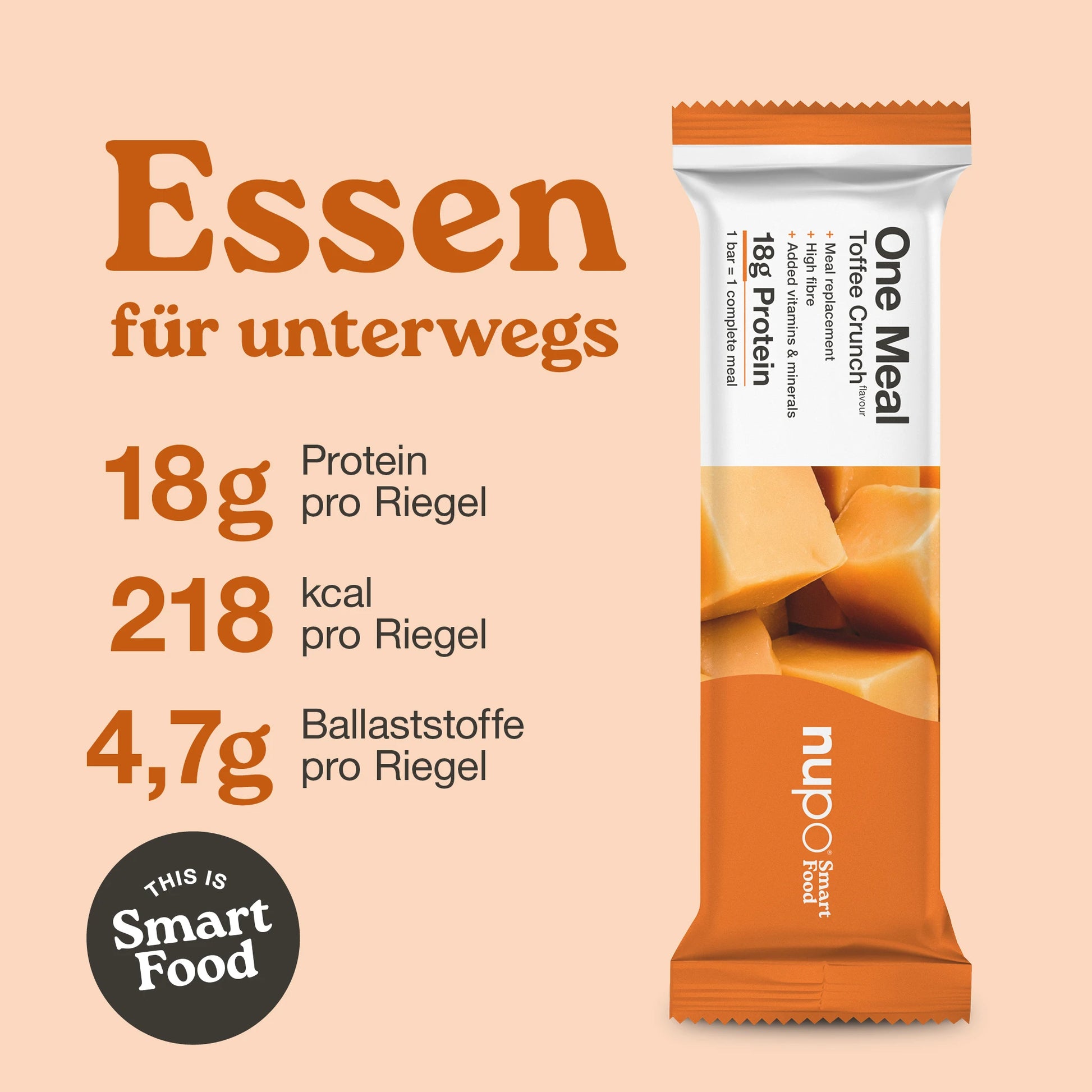 Nupo One Meal Bar Toffee Crunch Nährwertangaben – 20 g Protein, wenig Zucker, mit Vitaminen und Mineralstoffen