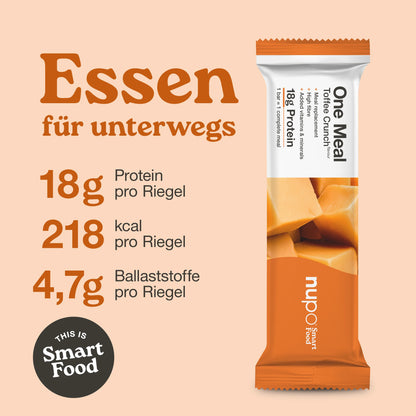 Nupo One Meal Bar Toffee Crunch Nährwertangaben – 20 g Protein, wenig Zucker, mit Vitaminen und Mineralstoffen