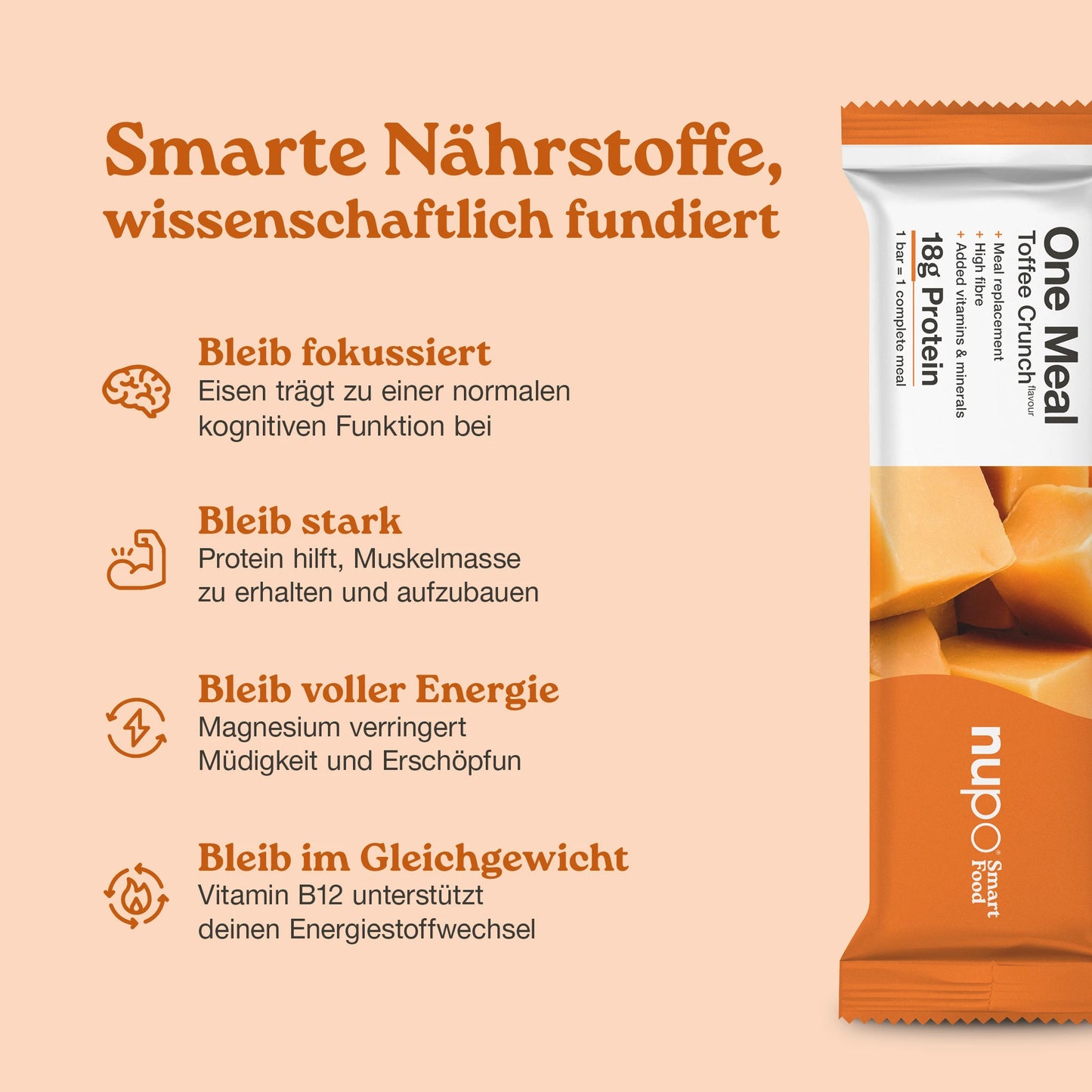 Nupo One Meal Bar Toffee Crunch smarte Ernährung – hoher Proteingehalt und Ballaststoffe für Gewichtsreduktion und Kontrolle