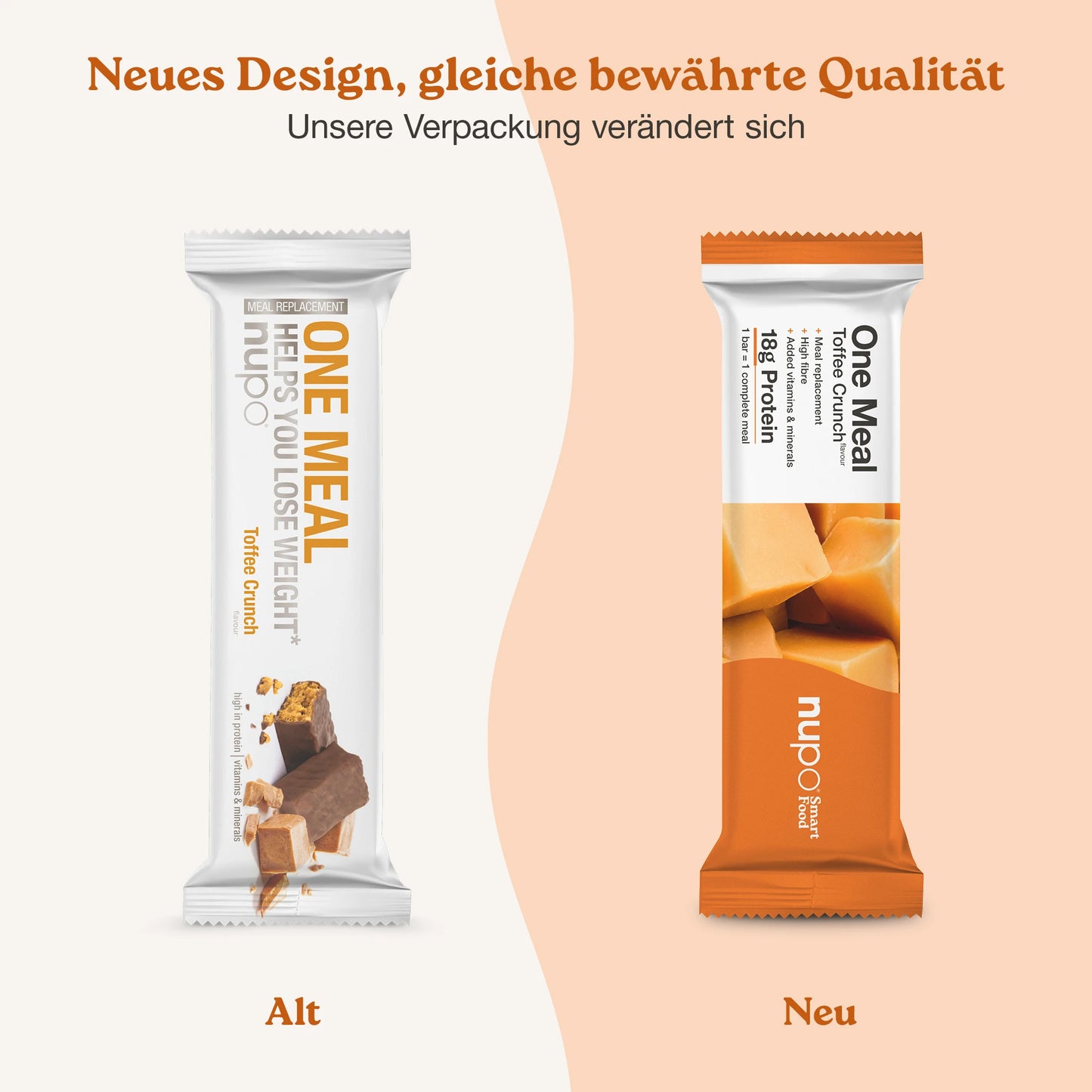 Nupo One Meal Bar Toffee Crunch neues und altes Verpackungsdesign – gleicher Geschmack im neuen Look